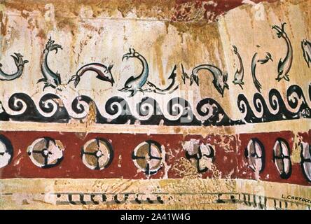 Mural painting in the Tomb of Typhon (Tomba del Tifone) at Tarquinia, Italy, (1928]. Etruscan burial chamber, '3rd-2nd Century B.C...Frieze of flying fish [dolphins] over stylicised waves'. After a water-colour by L. Cartocci. Plate XXIII, fig 61, from &quot;An Encyclopaedia of Colour Decoration from the Earliest Times to the Middle of the XIXth Century&quot; with explanatory text by Helmuth Bossert. [Ernst Wasmuth Ltd., Berlin, 1928] Stock Photo