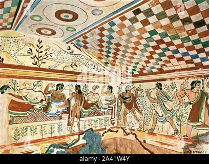 Mural painting in the Leopard's Tomb (Tomba dei Leopardi) at Tarquinia, Italy, (1928). Etruscan burial chamber, 'About 500 B.C...Right corner...Banquet with musicians. Leopards in the pediment'. After a water-colour by L. Cartocci. Plate XXII, fig 59, from &quot;An Encyclopaedia of Colour Decoration from the Earliest Times to the Middle of the XIXth Century&quot; with explanatory text by Helmuth Bossert. [Ernst Wasmuth Ltd., Berlin, 1928] Stock Photo