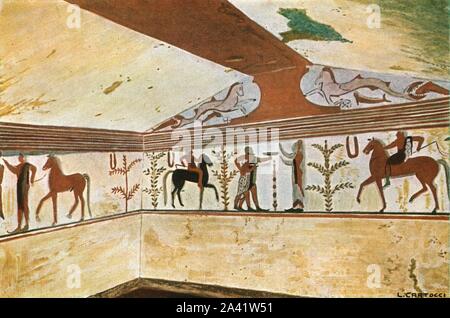 Mural painting in the Tomb of the Baron (Tomba del Barone) at Tarquinia, Italy, (1928). Etruscan burial chamber, '2nd Half of 6th Century B.C....Left corner...Mounted youths and sacrificial scene. In the pediment sea-horses and flying fish' [dolphins]. After a water-colour by L. Cartocci. Plate XXI, fig 58, from &quot;An Encyclopaedia of Colour Decoration from the Earliest Times to the Middle of the XIXth Century&quot; with explanatory text by Helmuth Bossert. [Ernst Wasmuth Ltd., Berlin, 1928] Stock Photo