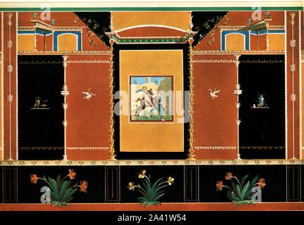 Wall decoration, Pompeii, Italy, (1928). Panels with floral borders, and a central scene depicting figures with a horse or donkey, 'About 50 A.D.' After Antonio Niccolini. Plate XXXII, fig 80, from &quot;An Encyclopaedia of Colour Decoration from the Earliest Times to the Middle of the XIXth Century&quot; with explanatory text by Helmuth Bossert. [Ernst Wasmuth Ltd., Berlin, 1928] Stock Photo