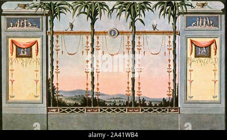 'Mural decoration of a gallery-hall abutting on a garden', Leipzig, Germany, (1928). '1798...&quot;At the side of the house abutting on the garden there are often long gallery halls or Salae terrenae ornamented towards the garden by long French windows and doors leading straight into the garden. The other side of the hall has no windows. Now in order to provide a counterpart of the real view afforded by the garden it is advisable to paint the wall in the manner shown in our illustration. The delicate reed stalks with the arabesques inspire the imagination and, together with the landscape in th Stock Photo