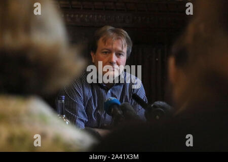 London / UK – October 11, 2019: Richard Ratcliffe speaks at a press conference in Westminster following the return of his daughter Gabriella Zaghari-Ratcliffe to the UK; his wife Nazanin Zaghari-Ratcliffe remains in Iran in jail Stock Photo