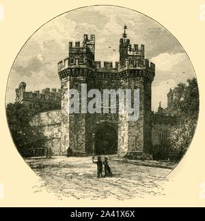 'Gateway of Lancaster Castle', 1898. 15th century gatehouse with  portcullis and battlements at medieval Lancaster castle used as a prison from 1196-2011.  From &quot;Our Own Country, Volume VI&quot;. [Cassell and Company, Limited, London, Paris &amp; Melbourne, 1898] Stock Photo