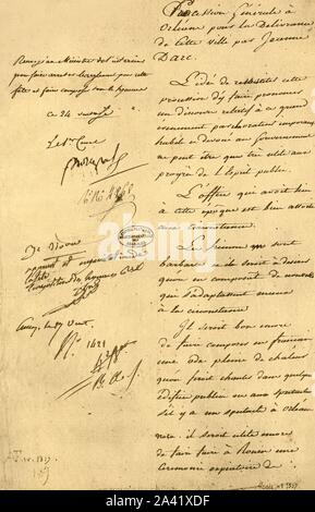 Report by the Minister of the Interior on the festival of Joan of Arc, 15 March 1803, (1921). 'Rapport du ministre de l'int&#xe9;rieur sur les f&#xea;tes de Jeanne d'Arc'. Apostille signed by First Consul Napoleon Bonaparte (1769-1821) declaring Joan of Arc as a national symbol of France. Facsimile document from &quot;Napoleon&quot;, by Raymond Guyot, [H. Floury, Paris, 1921] Stock Photo