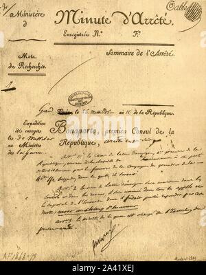 Ministerial order on the subject of La Tour d'Auvergne, 15 July 1803, (1921).'Arr&#xea;t&#xe9; consulaire au sujet de La Tour d'Auvergne'. Document signed by Napoleon Bonaparte, dealing with the death of French officer Th&#xe9;ophile Corret de la Tour d'Auvergne (1743-1800), 'first grenadier of France', who was killed in action at the Battle of Neuburg on 27 June 1800. Facsimile document from &quot;Napoleon&quot;, by Raymond Guyot, [H. Floury, Paris, 1921] Stock Photo