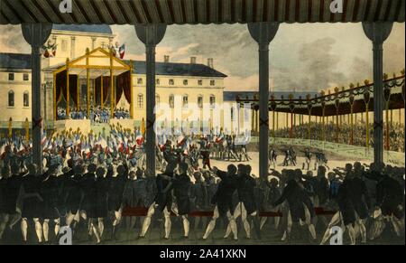 'Vue Int&#xe9;rieure De L'Assembl&#xe9;e Du Champ-De-Mai Au Moment De La Pr&#xe9;sentation Des Drapeaux', 1 June 1815, (1921). View of the crowd on the Champ de Mai in Paris, as the flags are presented. Emperor Napoleon I (1769-1821) on the steps of the imperial tribune, salutes the colours as crowds look on. Engraving by Jean Pierre-Marie-Jazet after Pierre Martinet. From &quot;Napoleon&quot;, by Raymond Guyot, [H. Floury, Paris, 1921] Stock Photo