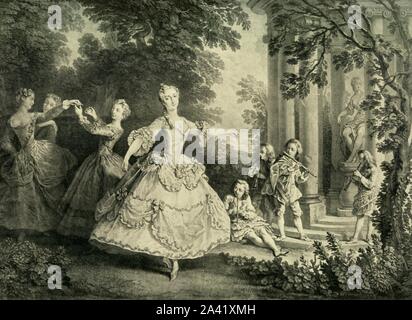 Marie Sall&#xe9; dancing, 1732, (1908). 'Mlle. Sall&#xe9; Dansant (1732)'. Marie Sall&#xe9; (1707-1756) was a French dancer and choreographer, and made her first public performance at Lincoln's Inn Fields Theatre in London in 1716. After an engraving by N. de Larmessin, after 'Portrait of the dancer Maria Sall&#xe9;', a painting by Nicolas Lancret, in the collection of the Rheinsberg Palace, Germany. From &quot;La Revue De L'Art - Ancien et Moderne&quot; - Volume XXIV, July-December 1908, [Paris, 1908] Stock Photo