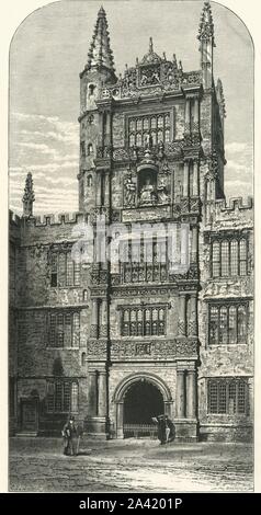 'Tower in the Schools' Quadrangle', c1870. Tower of the Five Orders at the Bodleian Library in Oxford built between 1613 and 1619 and named after  its ornamented columns of the five orders of classical architecture, in ascending order: Tuscan, Doric, Ionic, Corinthian and Composite.  From &quot;Picturesque Europe - The British Isles, Vol. II&quot;. [Cassell, Petter &amp; Galpin, London, c1870] Stock Photo