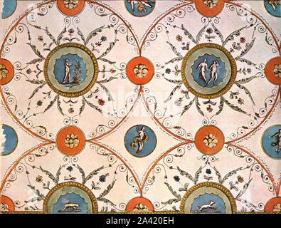 Design for a ceiling-painting, Italy, (1928). 'About 1820-1830...There can be no doubt that [Luigi] Rossini was the artist...Rossini, draughtsman, architect and engraver [1790-1857]...is best known by a series of engravings treating ancient Rome and the antiquities of Pompeii...Our design is doubtlessly influenced by Pompeian paintings'. After an aquarelle pen-and-ink drawing. Plate CIV, fig 198, from &quot;An Encyclopaedia of Colour Decoration from the Earliest Times to the Middle of the XIXth Century&quot; with explanatory text by Helmuth Bossert. [Ernst Wasmuth Ltd., Berlin, 1928] Stock Photo