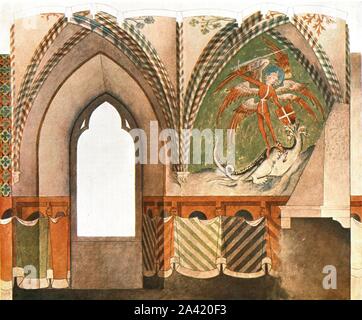 Wall painting in Lochstedt Castle, Pillau, Germany, (1928). Interior of the castle in what is now Baltiysk, Russia. 'End of 14th Century...St. Michael and the Dragon on the wall of the refectory'. After C. Steinbrecht. Plate LXXII, fig 152, from &quot;An Encyclopaedia of Colour Decoration from the Earliest Times to the Middle of the XIXth Century&quot; with explanatory text by Helmuth Bossert. [Ernst Wasmuth Ltd., Berlin, 1928] Stock Photo