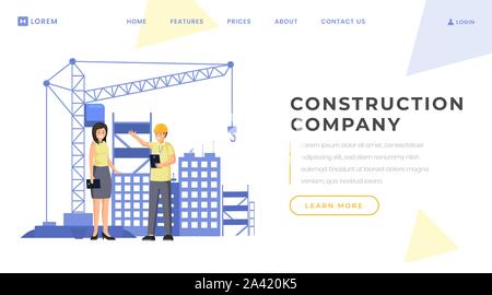 Construction company landing page vector template. Building business, architecture website homepage interface idea with flat illustration. Professional contractors service web banner cartoon concept Stock Vector