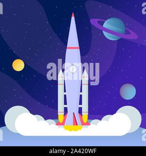Rocket liftoff, landing flat vector illustration. Cosmos exploration program, space expedition, interstellar travel, cosmology cartoon concept. Spacecraft on planet surface, spaceship startup Stock Vector