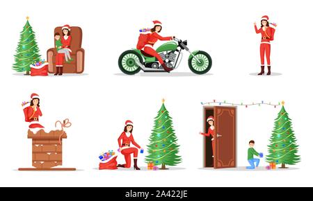 New Year, Christmas celebration illustrations set. Woman giving presents in Santa Claus costume flat character. Winter holidays items, festive mood, Xmas gift delivery isolated on white background Stock Vector