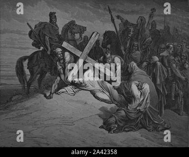 Passion of Jesus. The arrival at calvary. (Luke 23 28, 31). Engraving. Bible Illustration by Gustave Dore. 19th century. Stock Photo