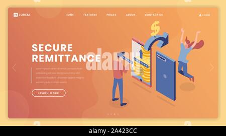 Remittance security landing page vector template. Private account access, online banking webpage, website layout with isometric illustrations. Man entering confidential code 3d character Stock Vector