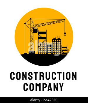 Building company service banner vector template. Architectural firm, housing development poster layout. Building under construction and heavy machinery silhouette illustration with typography Stock Vector