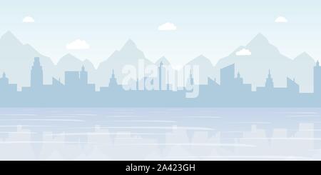 Misty cityscape panorama flat vector illustration. Urban landscape, modern metropolis skyline decorative background concept with copyspace. Scenic coastline, buildings and mountains silhouette Stock Vector
