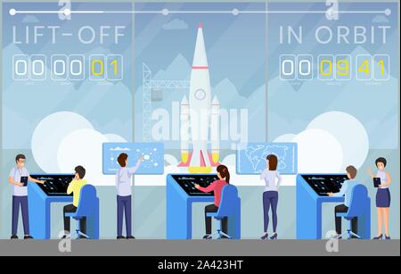Spaceship launch countdown flat vector illustration. Ground control center workers, scientists team controlling launch cartoon characters. Rocket science, space exploration technology banner template Stock Vector