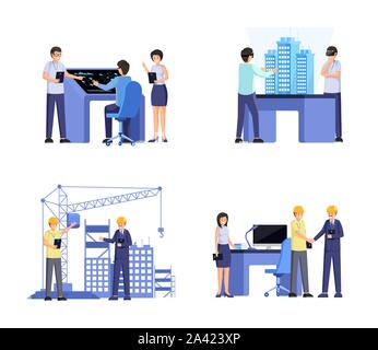 Building industry flat vector illustrations set. Professional engineers team, contractors and customers cartoon characters. House blueprinting, virtual modeling and construction, contract conclusion Stock Vector