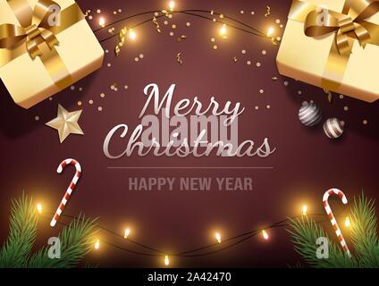 Merry christmas greeting card vector template. Happy new year postcard, winter holiday banner design with festive congratulations. Xmas decorations and presents realistic illustration with typography Stock Vector