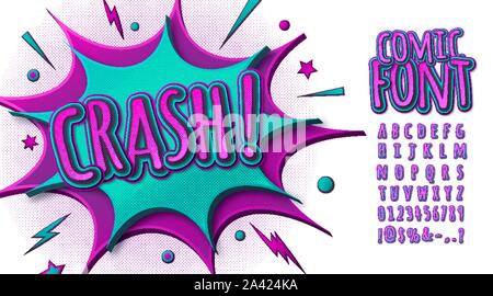 Colorful comic font, children alphabet in style of comics, pop art. Multilayer funny pink letters on comic book page with speech bubbles for decoratio Stock Vector