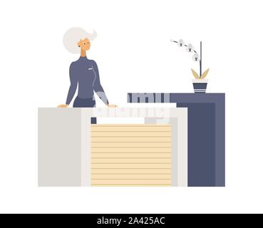 Registration table flat vector illustrations. Smiling young woman, friendly receptionist cartoon character. Customer service concept, hotel front desk, beauty salon reception interior design element Stock Vector