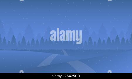 Night winter landscape vector illustration. Snowy meadow, snowdrifts, trodden road, fir-tree forest. Cold evening snowfall in spruce woods, frost weather, cartoon nature scenery flat background Stock Vector