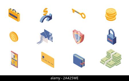 Private account access icons isometric set. Online banking, security system items isolated on white background. Money, safe locks, transactions, information protection 3d illustrations collection Stock Vector