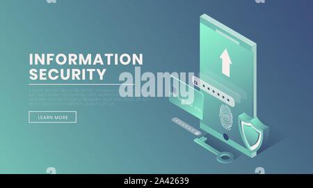 Information security landing page vector 3d template. Account access, fingerprint scanner, voice identification webpage design layout. Personal information protection isometric illustration Stock Vector