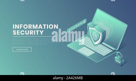 Information security landing page vector template. Protected account access, fingerprint scanner, password webpage, website design layout. Confidential data safety isometric 3d illustration Stock Vector