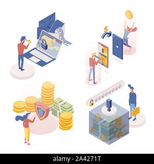 People managing deposits isometric characters set. Money transactions 3d vector illustrations pack. Secure payments, remittance, account protection, voice identification, confidential access Stock Vector