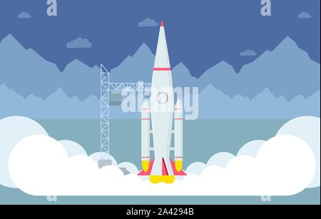 Rocket taking off flat vector illustration. Spaceship liftoff testing, space exploration program, interstellar expedition launch. Modern spacecraft, flying rocketship and mountains silhouette Stock Vector