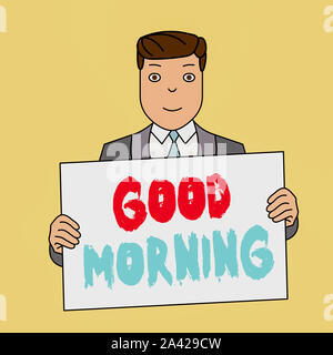 Writing note showing Good Morning. Business concept for expressing good wishes on meeting or parting during the morning Smiling Man Holding Suit Poste Stock Photo