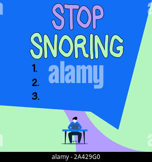 Conceptual hand writing showing Stop Snoring. Concept meaning noisy breathing during sleep due to vibrating airway tissue View young man sitting chair Stock Photo