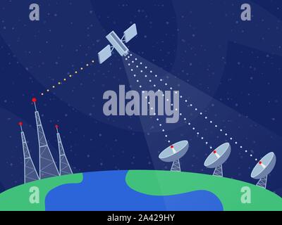 Modern communication technology flat vector illustration. Global information network, worldwide navigation system cartoon concept. Broadcasting equipment, satellite, radar dishes and radio towers Stock Vector