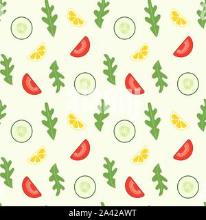 Seamless vector pattern. Slices of cucumber, tomato and lemon, lettuce on a light background. Healthy vegetarian food. Stock Vector
