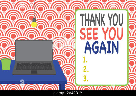 Conceptual hand writing showing Thank You See You Again. Concept meaning Appreciation Gratitude Thanks I will be back soon Front view laptop lying on Stock Photo