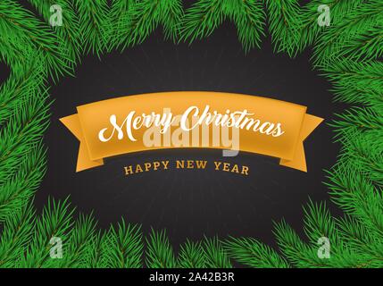 Christmas greetings flat banner template. Yellow ribbon with calligraphy inscription on black background. Winter holidays postcard design layout with realistic fir tree branches frame Stock Vector