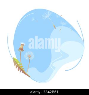 Liquid sky with dandelions seeds concept. Copy space Season Outdoor abstract vector illustration. Summer nature background round shape. Organic design template in flat style on isolated white backdrop. Stock Vector