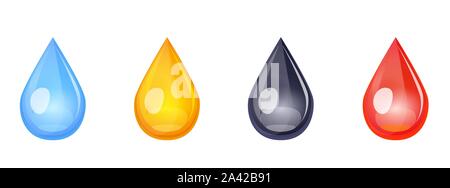 Drops icon set in falling liquid form, blue, yellow, black, red color. Simple Vector collection of oil, blood, petroleum, water, ink, tear, juice droplets isolated on white background. Stock Vector
