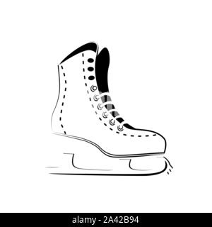 Ice skate icon logo. Figure skating symbol outline drawing, stylized thin line, sketch. Winter sport activity design. Isolated vector sign on white background. Stock Vector