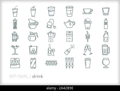 Set of 30 drink line icons of soda, coffee, tea, water, lemonade, drinking glass, beer, cocktails, wine and champagne Stock Vector