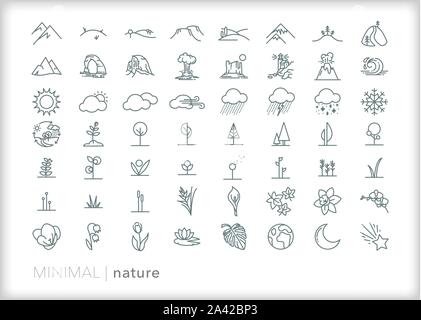 Set of 50+ nature line icons of plants, trees, flowers, weather, landscapes, mountains and National Park sites Stock Vector