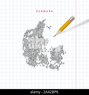 Denmark sketch scribble map drawn on checkered school notebook paper background. Hand drawn vector map of Denmark. Realistic 3D pencil with rubber. Stock Vector