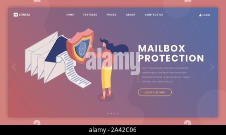 Fingerprint access landing page vector template. Mailbox protection, online information exchange webpage, website design layout with isometric illustrations. Email owner 3d cartoon character Stock Vector