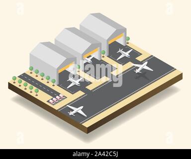 Airport runway, airfield isometric vector illustration. Modern air transportation business, aviation industry, commercial airline 3D design element. Cargo planes taking off, hangars and ambulance cars Stock Vector