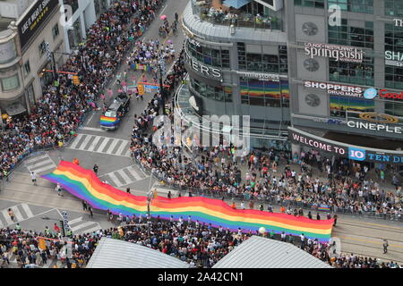 Toronto, Canada - June 25, 2017: Aerial View of Pride Parade at Yonge-Dundas Square Stock Photo