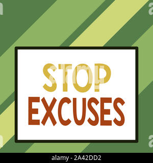 Text sign showing Stop Excuses. Business photo text put an end to an explanation for something that went wrong Front close up view big blank rectangle Stock Photo