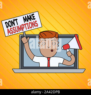 Conceptual hand writing showing Don T Make Assumptions. Concept meaning putting plan in future with percentage happening Man Speaking Through Laptop i Stock Photo