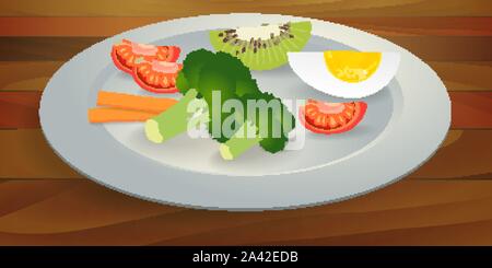 BLW, baby led weaning, fruits and vegetables on a plate, solid food Stock Vector